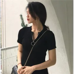 Casual Short Sleeve Top mit Reißverschluss - T-Shirt
