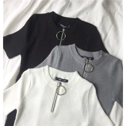 Casual Short Sleeve Top mit Reißverschluss - T-Shirt