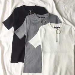 Casual Short Sleeve Top mit Reißverschluss - T-Shirt