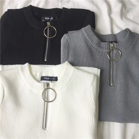 Casual Short Sleeve Top mit Reißverschluss - T-Shirt