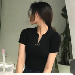 Casual Short Sleeve Top mit Reißverschluss - T-Shirt