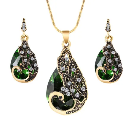 Ohrringe & Halskette mit Kristall Pfau - Schmuckset