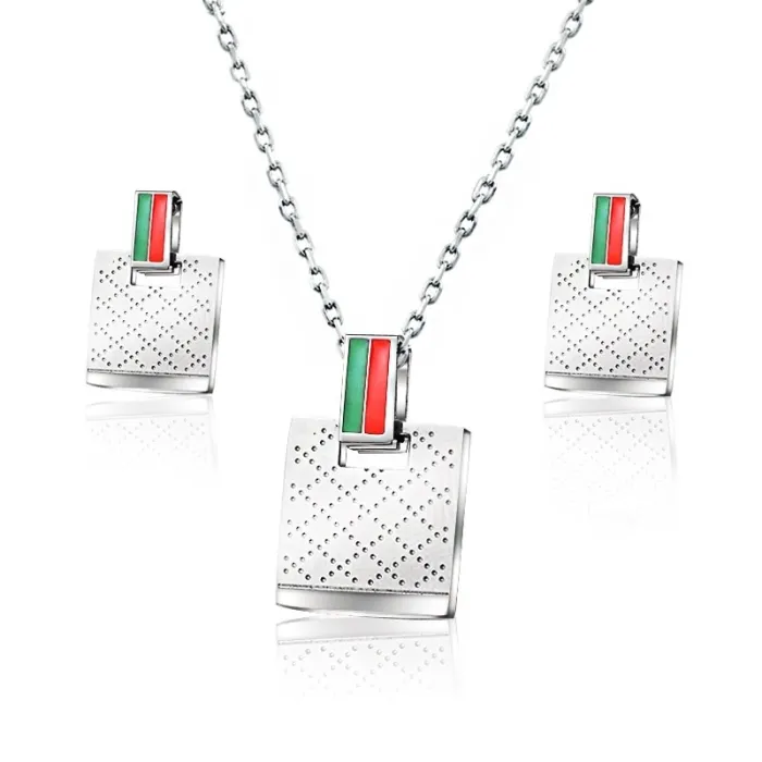 Quadratische Ohrringe & Halskette - Silber - Edelstahl Schmuckset