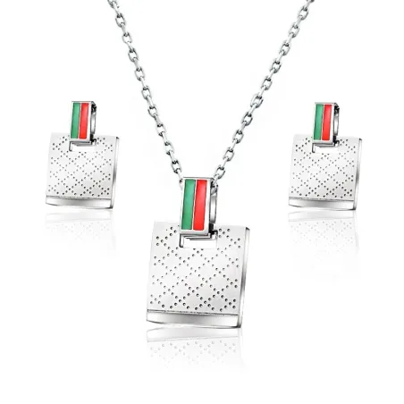 Quadratische Ohrringe & Halskette - Silber - Edelstahl Schmuckset