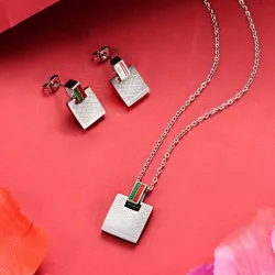 Quadratische Ohrringe & Halskette - Silber - Edelstahl Schmuckset