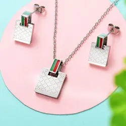 Quadratische Ohrringe & Halskette - Silber - Edelstahl Schmuckset