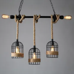 Retro iron hanging lamp with hand knitted rope - lights in cageWall lights