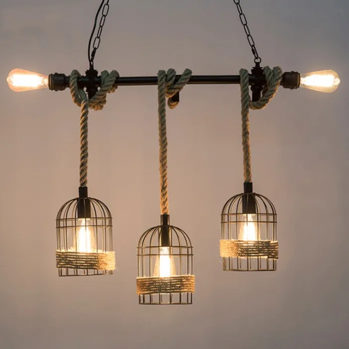 Retro iron hanging lamp with hand knitted rope - lights in cageWall lights
