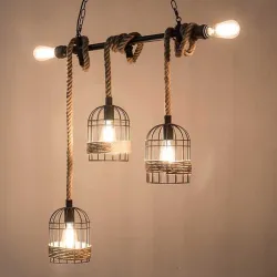 Retro Eisen Hängelampe mit Handstrickseil - Lichter in Käfig