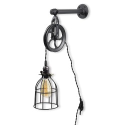 Rustic industrial pipe & pulley design - wall lamp with cord