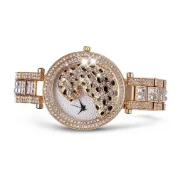 Luxusgold Quarzuhr mit Diamanten & Leoparden