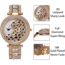 Luxusgold Quarzuhr mit Diamanten & Leoparden