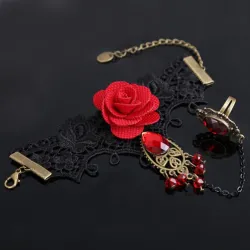 Gothic Stil Spitze Armband mit roten Rose & verstellbaren Ring