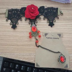 Gothic Stil Spitze Armband mit roten Rose & verstellbaren Ring