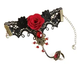 Gothic Stil Spitze Armband mit roten Rose & verstellbaren Ring
