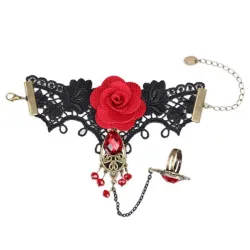 Gothic Stil Spitze Armband mit roten Rose & verstellbaren Ring